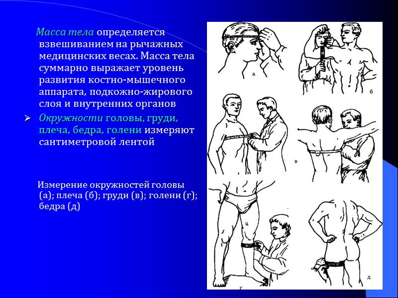 Масса тела определяется взвешиванием на рычажных медицинских весах. Масса тела суммарно выражает уровень развития